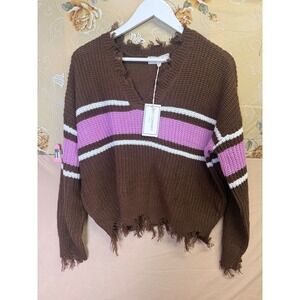 No Comment NY-LA Distressed Striped Chunky Knit Sweater Brown Pink White Large